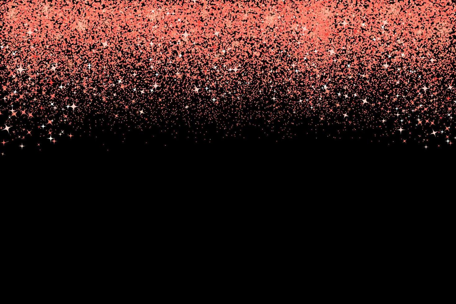 confete em tons de borda coral viva isolada em preto. pontos de brilhos caindo. fundo de vetor de poeira brilhante. a cor do ano de 2019. efeito de textura de glitter ouro rosa. modelo fácil de editar.