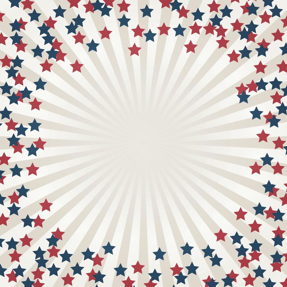 Estados Unidos dia da independência 4 de julho ou fundo do dia do memorial com estrelas. ilustração em vetor patriótico retrô nas cores da bandeira americana. raios de sol listrados concêntricos.