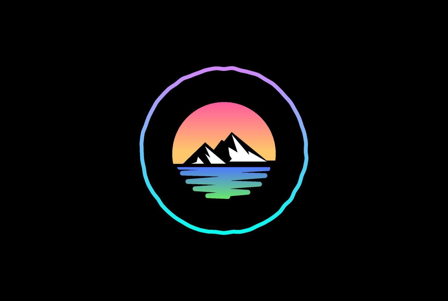 pôr do sol nascer do sol com montanha de gelo e rio riacho lago mar para aventura ao ar livre emblema emblema rótulo design de logotipo vetor