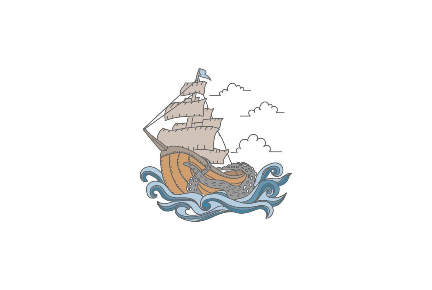 navio viking vintage com polvo gigante e design de logotipo de onda vetor