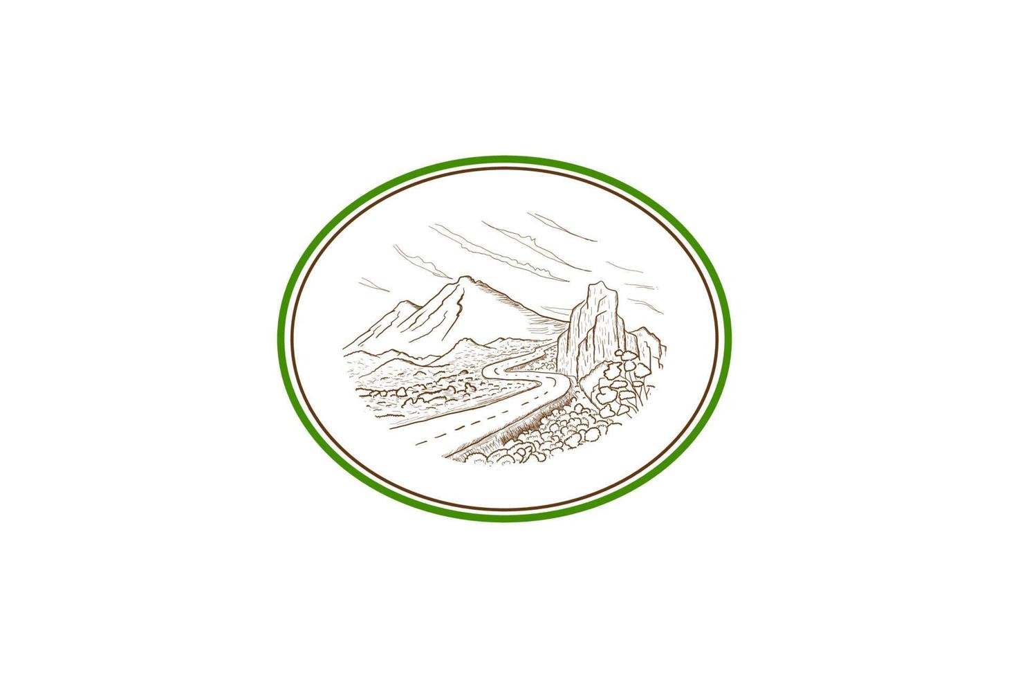 paisagem de estrada de montanha vintage retrô com vale do desfiladeiro e árvores emblema floresta emblema rótulo logotipo design vector