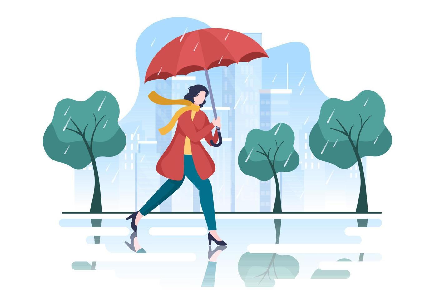 pessoas vestindo capa de chuva, botas de borracha e carregando guarda-chuva no meio da tempestade de chuva. ilustração em vetor de desenho animado de fundo plano para banner ou pôster