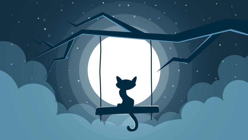 Ilustração de gato. Paisagem de noite dos desenhos animados. vetor