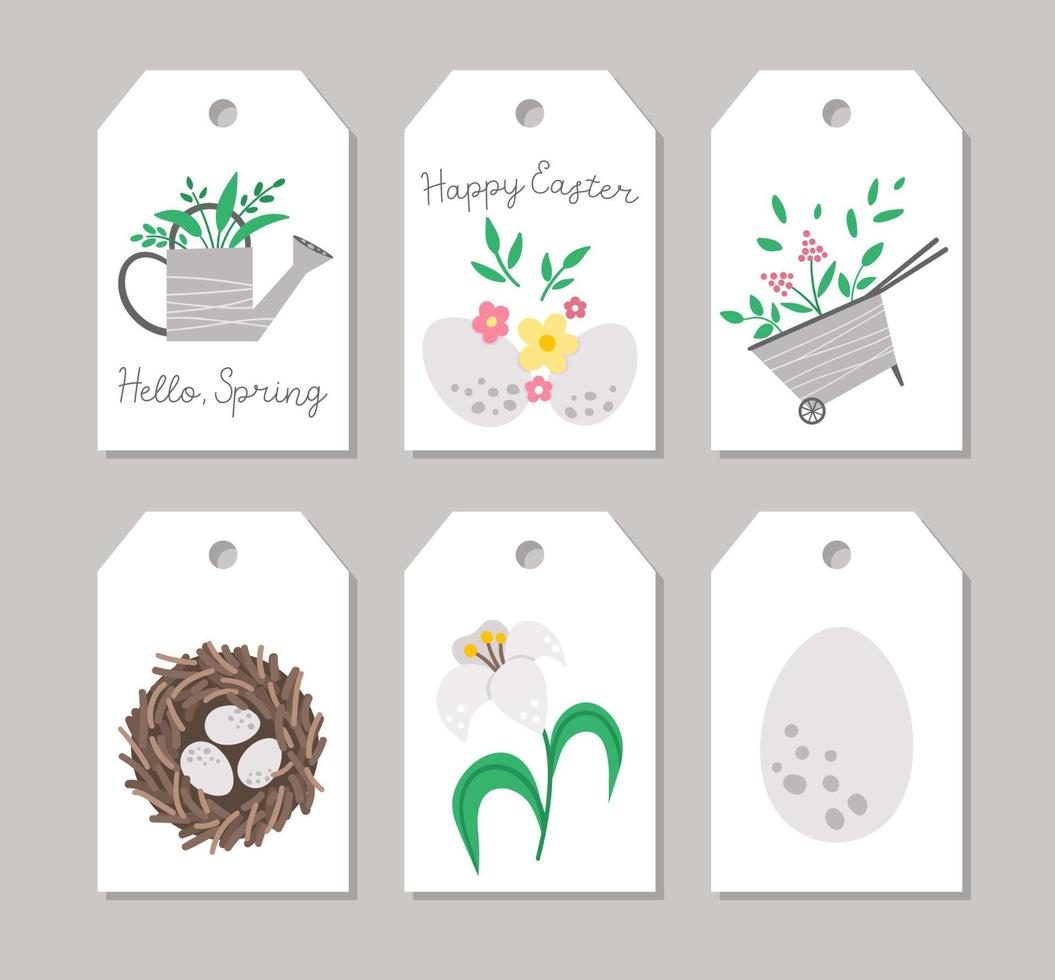 lindo conjunto de modelos de etiqueta de preço de primavera com regador, ovos, ninho, carrinho de mão com flores. desenhos de cartão de páscoa de vetor. distintivo ou rótulo de loja sazonal de feriado religioso. vetor