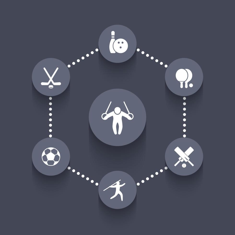 esporte, jogos, ícones redondos de competição em cinza, pictogramas de esporte, ilustração vetorial vetor