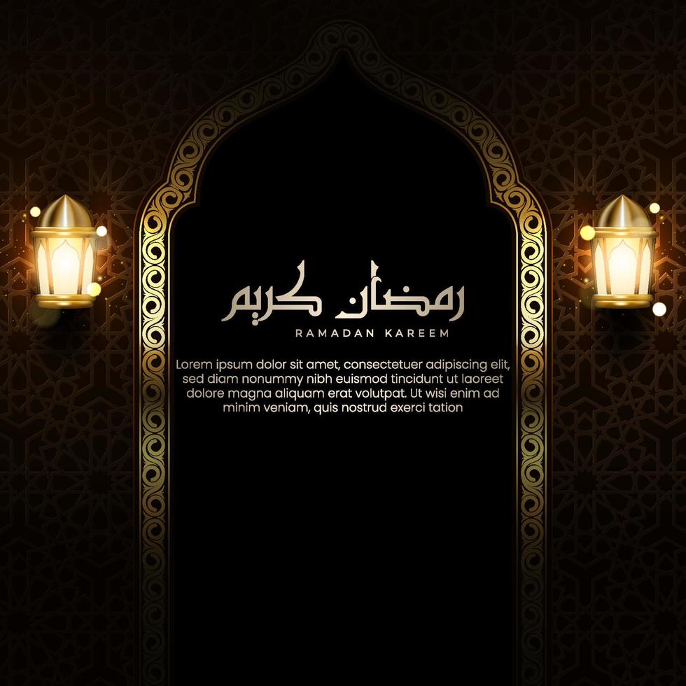 cartão islâmico realista com caligrafia árabe e lanternas brilhantes. ilustração da celebração do ramadan kareem com paredes texturizadas padrão árabe vetor