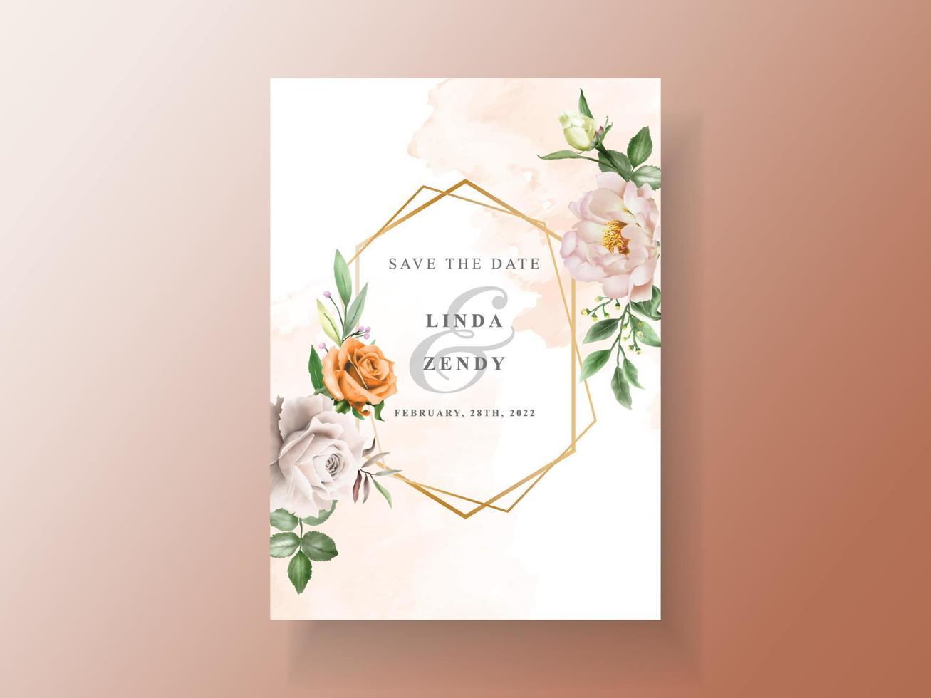 lindo cartão de convite de casamento com flor elegante e aquarela de folhas vetor