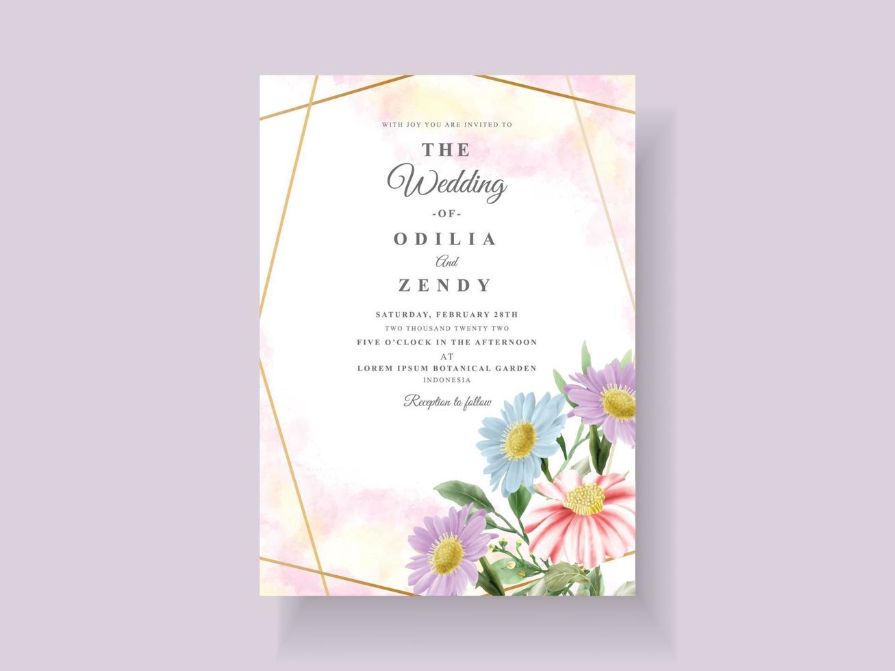 cartão de convite de casamento com linda flor e aquarela de folhas vetor