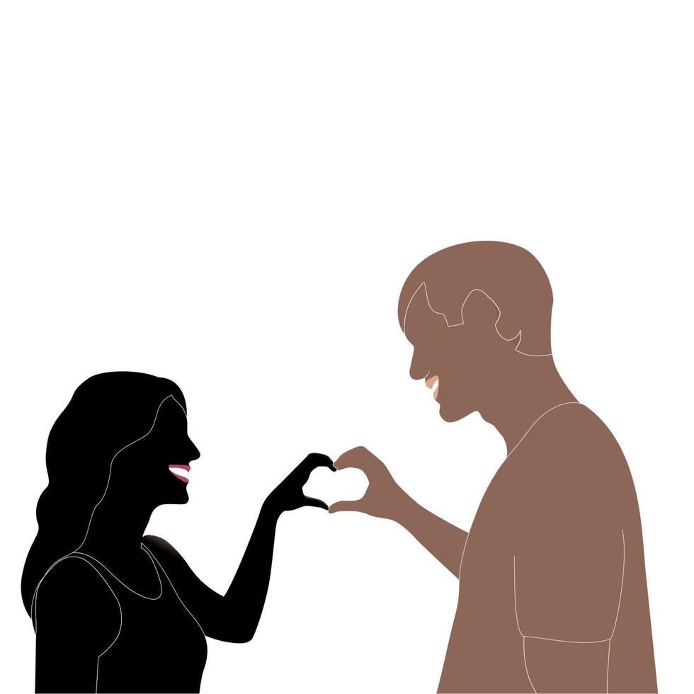 feliz dia dos namorados, jovem casal fazendo coração com silhueta de vetor de personagem de mãos em fundo branco, ilustração de personagem para projetos temáticos de casal jovem como casamento e dia dos namorados.