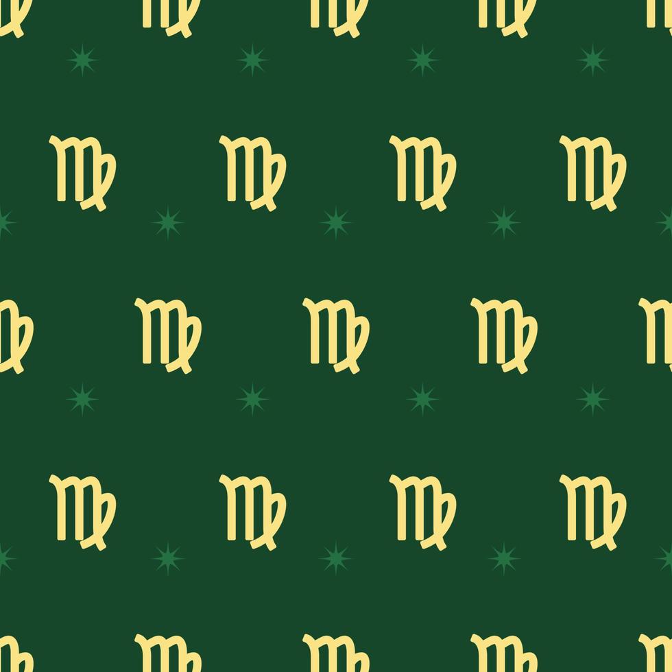 padrão de ouro sem emenda do Zodíaco. repetindo o signo de virgem com estrelas no fundo verde. símbolo do horóscopo vetorial vetor