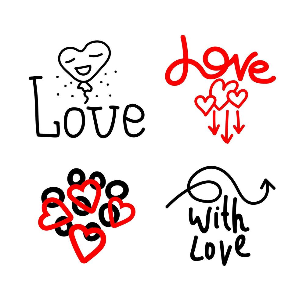 conjunto de ícones de doodle do dia dos namorados letras de amor, com amor, cervos, flechas, formas e balão de ar. adesivo de amor para o dia do amor. ilustração desenhada à mão para web, banner, cartão, impressão, pôster, feriado, camisa vetor