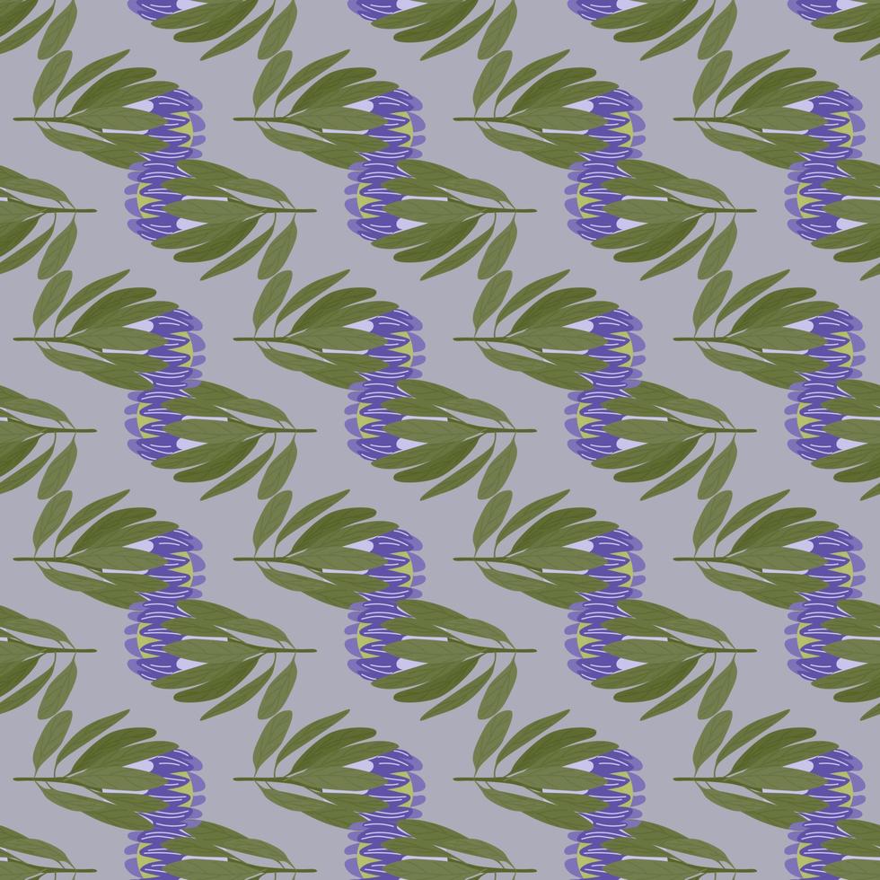 padrão sem emenda decorativo de flor de protea roxo no estilo doodle. fundo cinza. ornamento de folhagem verde. vetor