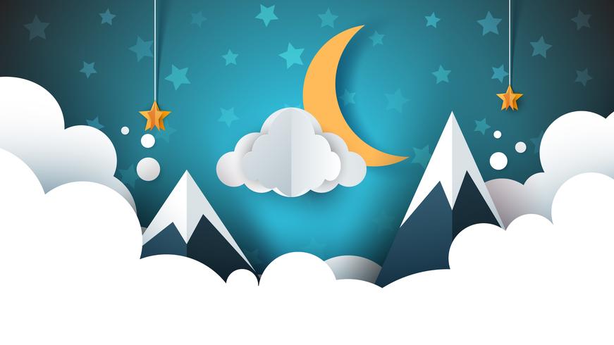 Paisagem da noite - ilustração dos desenhos animados. Nuvem, montanha, lua, estrela. vetor