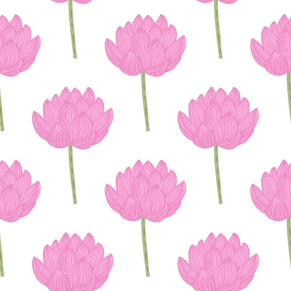 padrão sem emenda isolado com impressão de silhuetas de flor de lótus rosa simples. fundo branco. cenário de flora asiática. vetor
