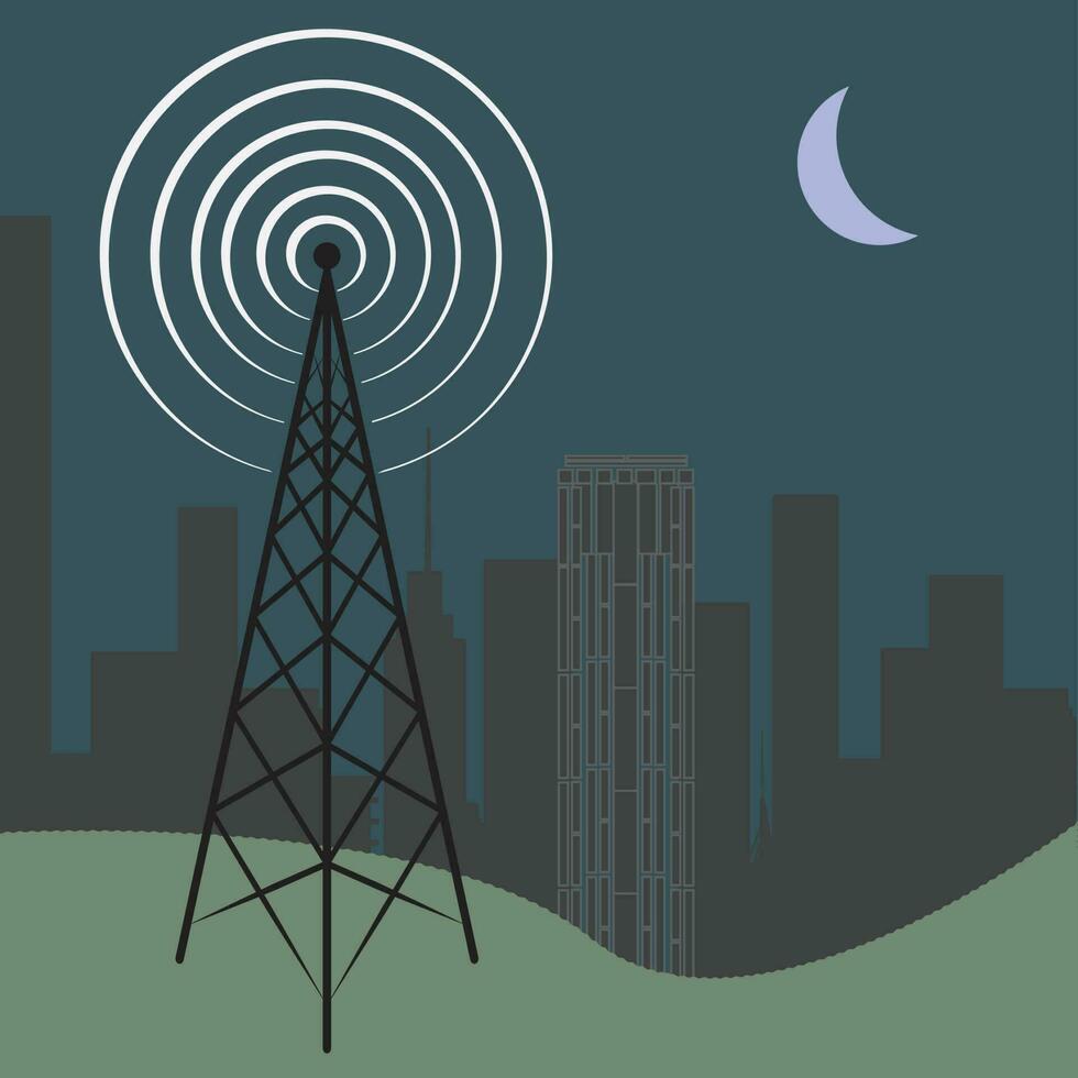 torre de rádio transmitindo para uma cidade sonolenta à noite vetor