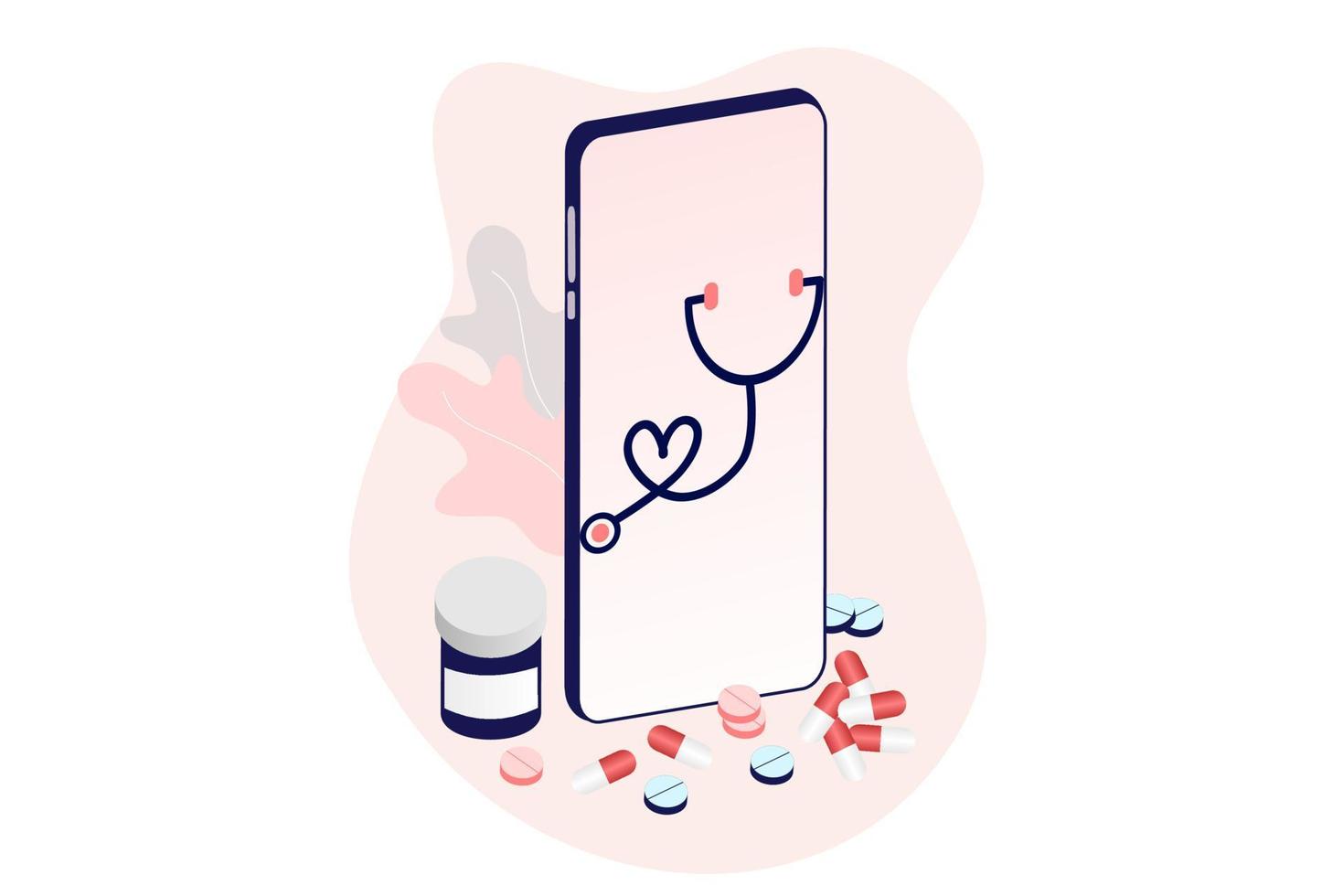 ilustração plana de medicina de tele saúde on-line. consulta e tratamento de saúde médica on-line via aplicativo de telefone celular da clínica de internet conectada ao computador. on-line pedir consulta médica. vetor