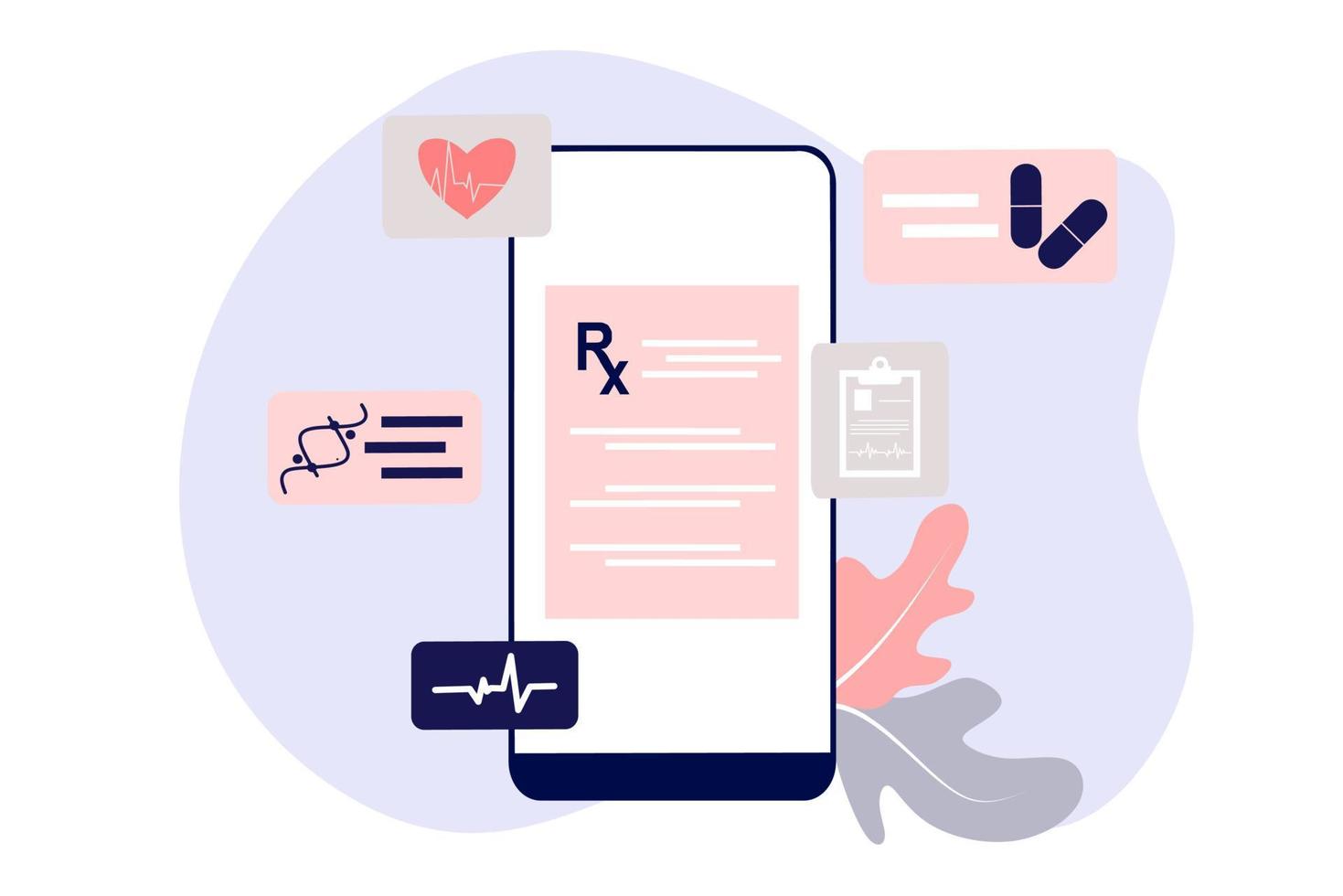 documento digital de prescrição médica on-line ou relatório de resultados de teste on-line na tela do computador móvel. conceito de farmácia, drogaria, diagnóstico, hospital, saúde. ilustração vetorial plana. vetor