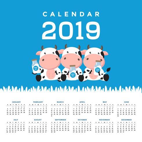 Calendário 2019 com vacas bonitos. vetor