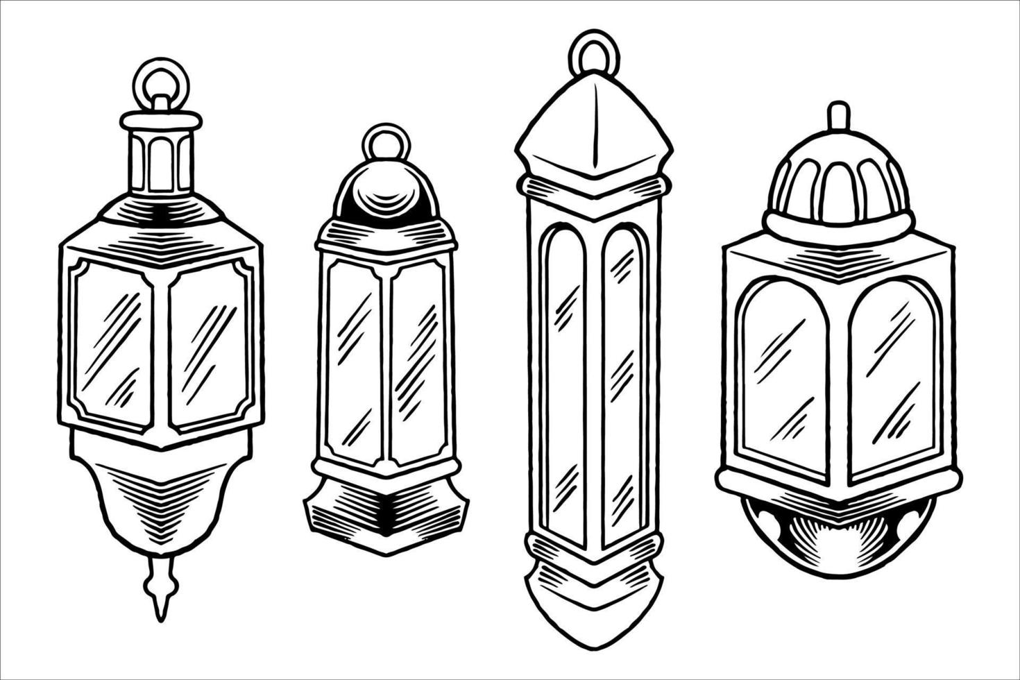 conjunto de lanternas desenhadas à mão para o ramadã em estilo preto e branco. vetor