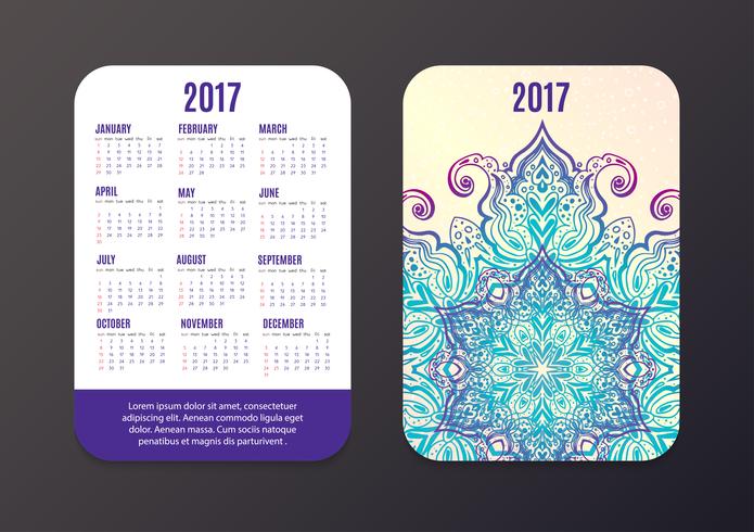 Calendário de bolso 2017. Modelo de vetor de design de mandala