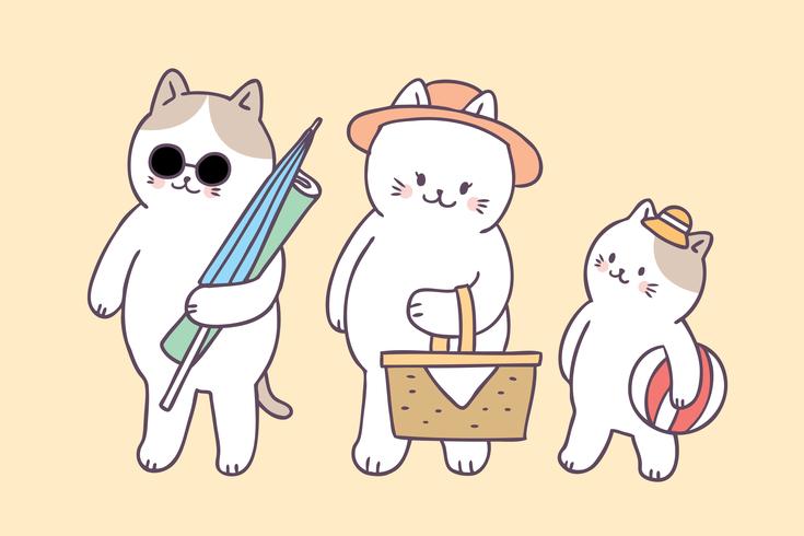 Vetor bonito do piquenique dos gatos de família do verão dos desenhos animados.