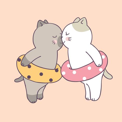 Gatos bonitos dos pares do verão dos desenhos animados que beijam o vetor. vetor