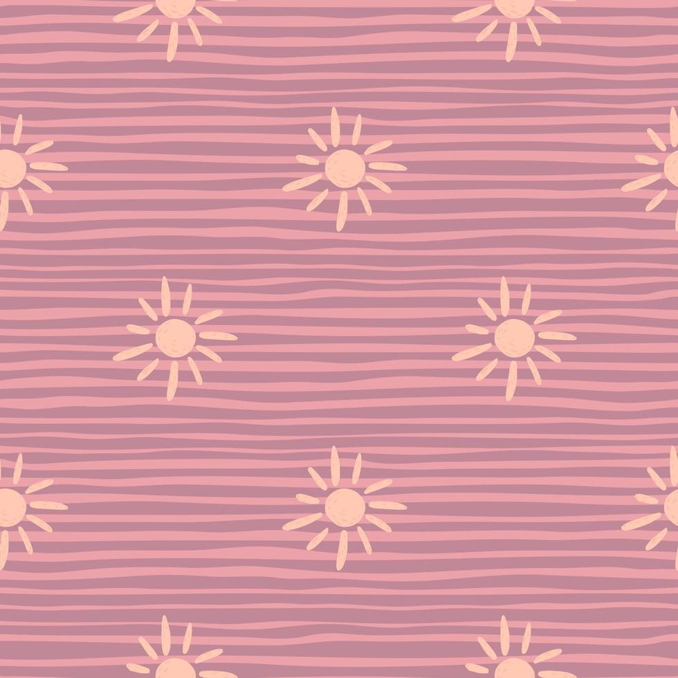 padrão de doodle sem costura de ornamento de sol étnico. fundo listrado rosa e roxo. estampa de verão. vetor