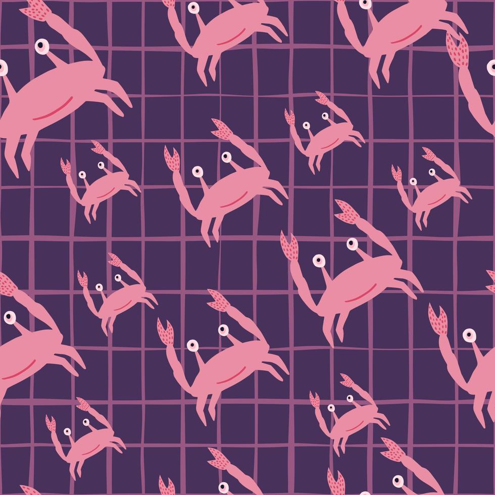sem costura padrão aleatório com silhuetas rosa de caranguejo doodle. fundo xadrez roxo. vetor