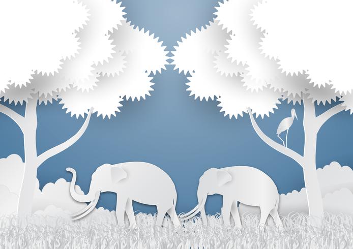 Estilo de arte de papel de paisagem com elefante e árvore Na natureza de ecologia idéia abstrato, ilustração vetorial vetor