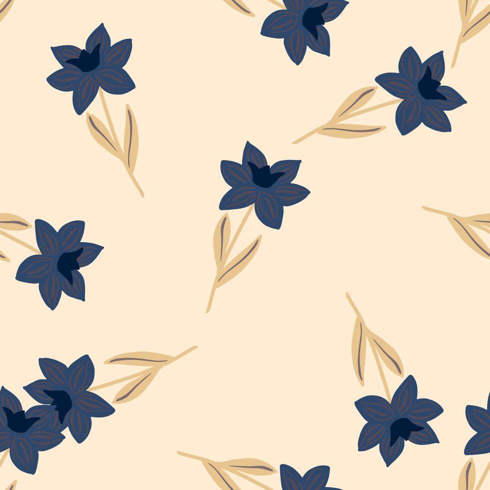 padrão de primavera sem costura com impressão de silhuetas de flores simples aleatórias azul marinho desenhada à mão. fundo rosa claro. vetor