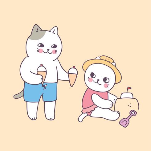 Gatos bonitos do verão dos desenhos animados e vetor do gelado.