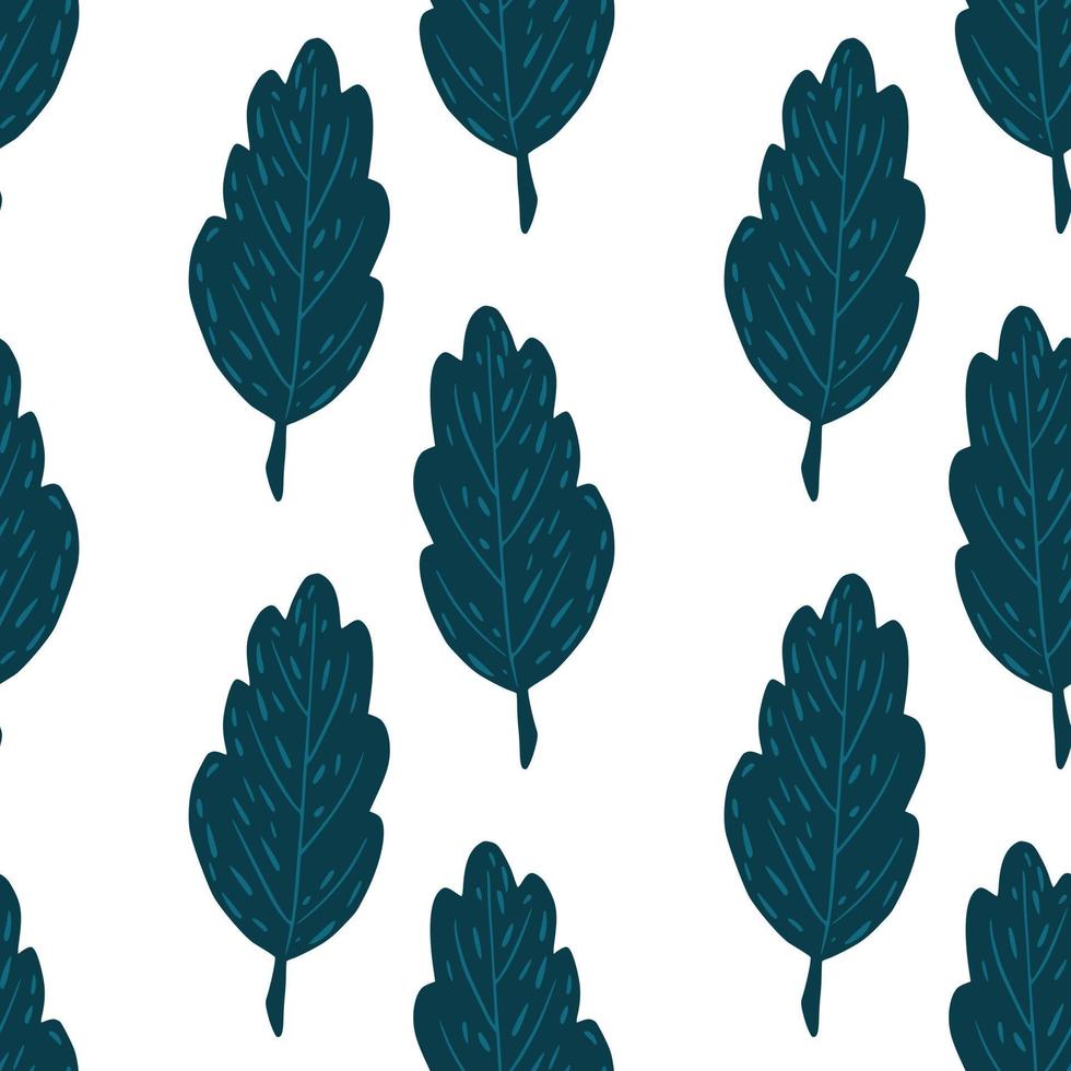 padrão sem emenda isolado com elementos de folha doodle azul marinho. fundo branco. vetor