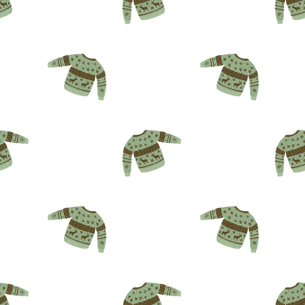 padrão de doodle sem costura isolado com silhuetas de camisola de lã verde. fundo branco. vetor