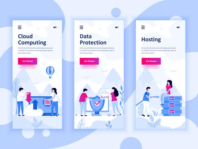 Conjunto de kit de interface de usuário de telas de integração para Cloud Computing, proteção, hospedagem, conceito de modelos de aplicativo móvel. Modern UX, tela de interface do usuário para site móvel ou responsivo. Ilustração vetorial vetor