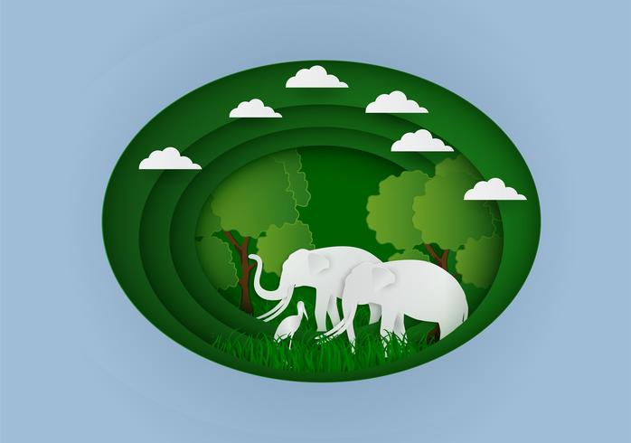 Papel esculpir a paisagem com elefante e árvore Na natureza ecologia ideia abstrato, ilustração vetorial vetor