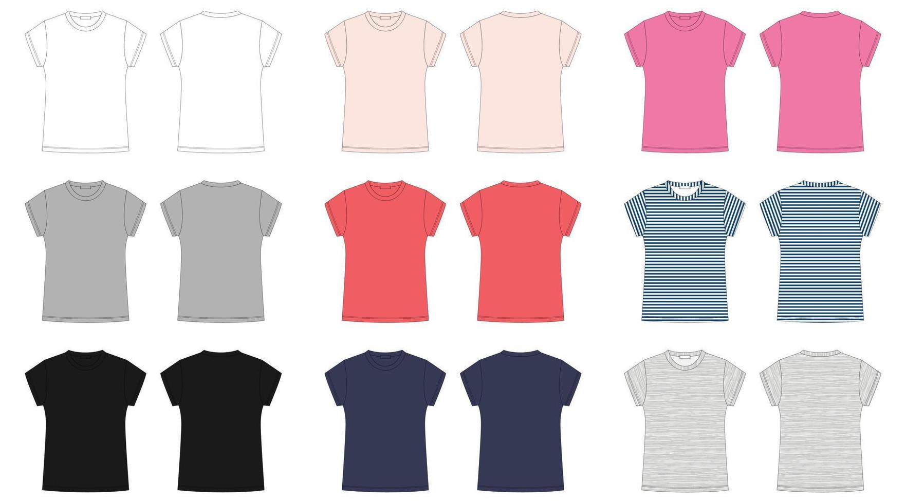 esboço técnico de camiseta feminina. t-shirt em branco modelo ilustração vetorial isolada. frente e verso. vetor