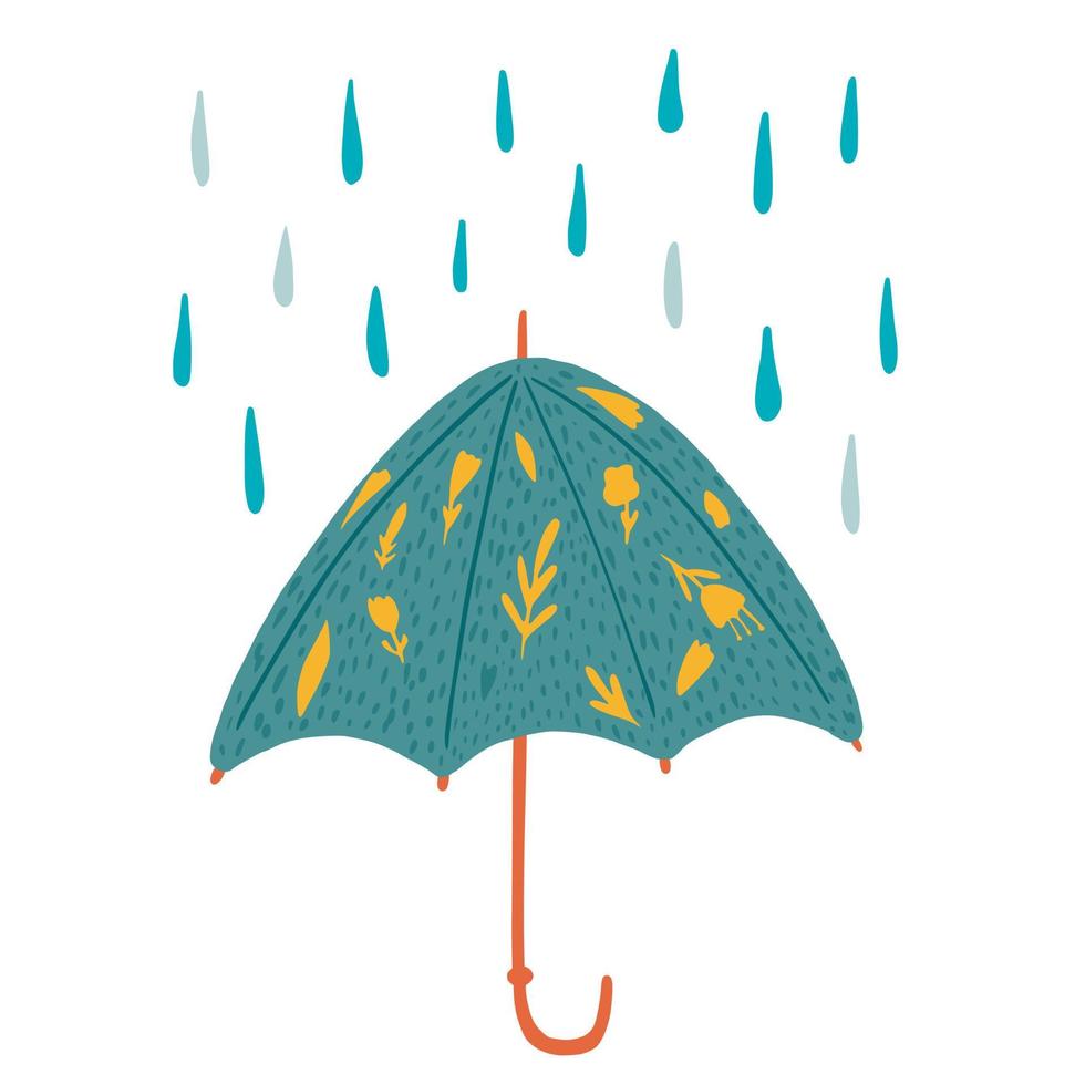 guarda-chuvas abertos com flores e chuva isolados no fundo branco. cor turquesa de guarda-chuvas abstratos em estilo doodle. vetor