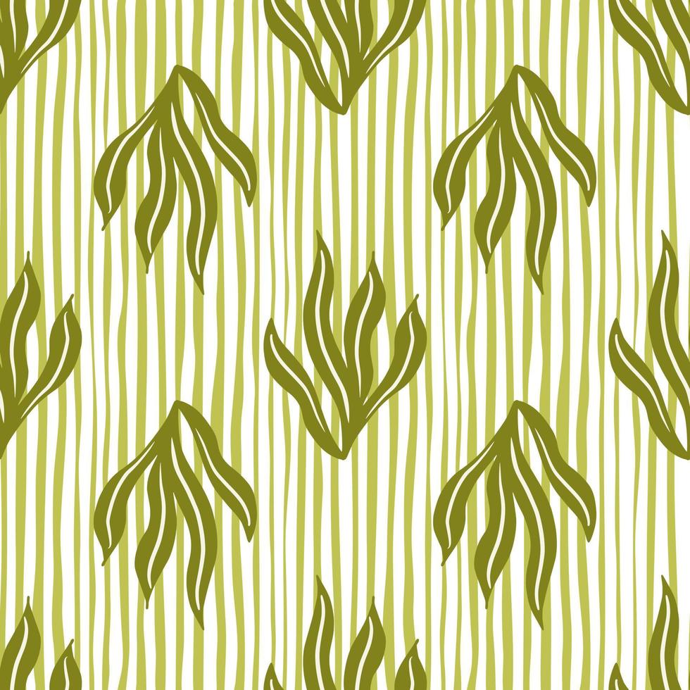 padrão sem emenda de estilo desenhado à mão com formas de algas verde-oliva. fundo listrado branco e amarelo. vetor