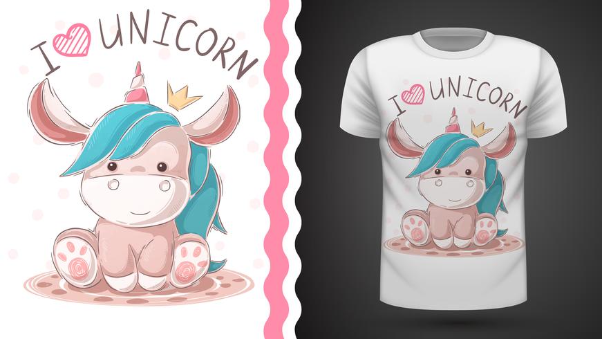 Unicórnio de pelúcia fofo. Idéia para impressão T-shirt. vetor