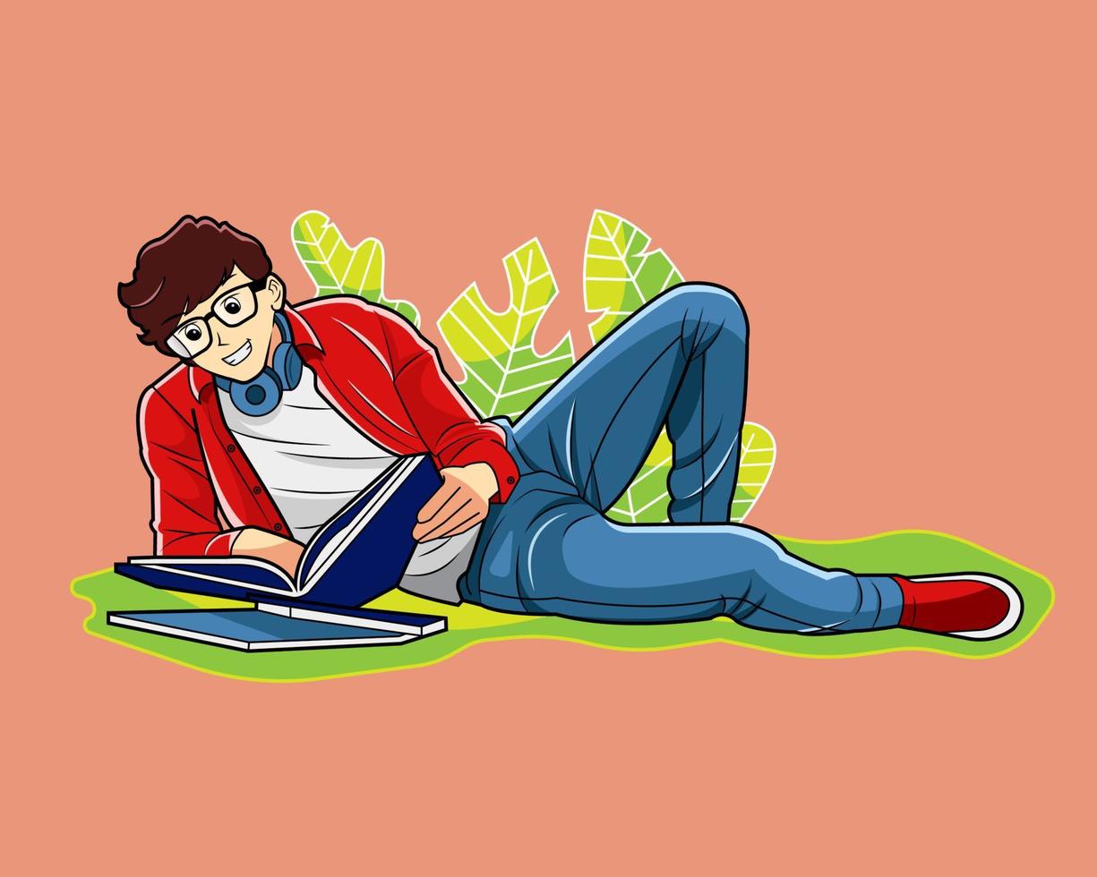 estudante do sexo masculino lendo um livro na grama ilustração vetorial download grátis vetor
