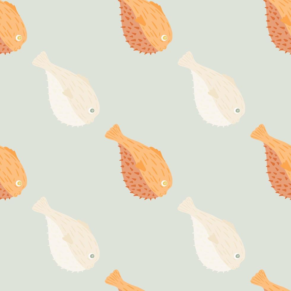 scrapbook aqua padrão sem emenda com impressão de peixe fugu colorido laranja e branco. fundo azul. cenário de frutos do mar. vetor