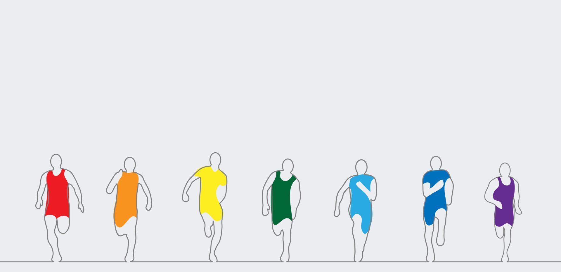 atletas coloridos correndo para a frente na vista frontal. estilo de desenho animado doodle. vetor