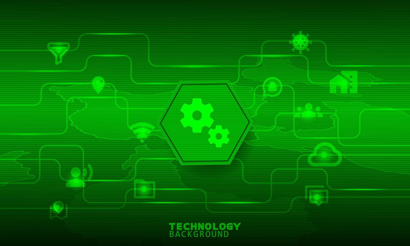 ícone de engrenagem no hexágono verde com ícones de comunicação. vetor