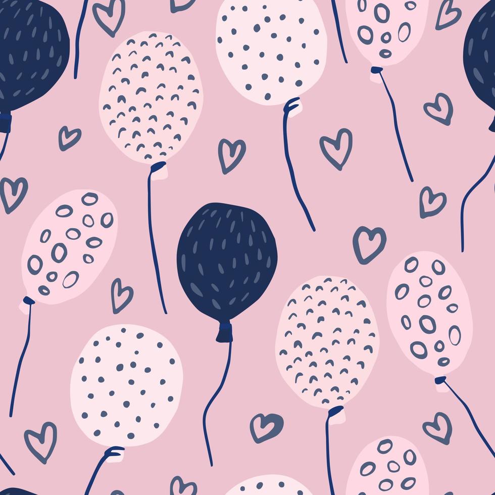 padrão sem emenda de férias românticas com onament de balões e corações. impressão aleatória estilizada dos namorados nas cores rosa e azul marinho. vetor