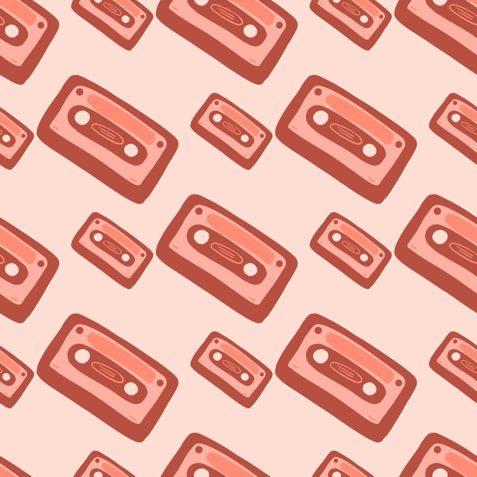 doodle cassete sem costura padrão estilizado. ornamento vermelho sobre fundo rosa claro. pano de fundo simples. vetor