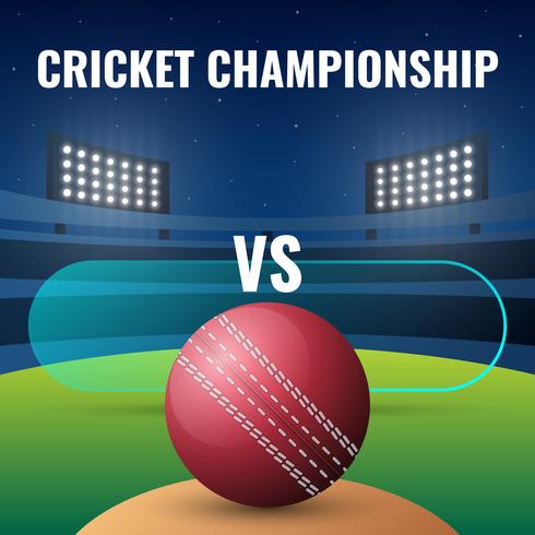 Banner de campeonato de críquete ao vivo com bola e noite estádio fundo vetor