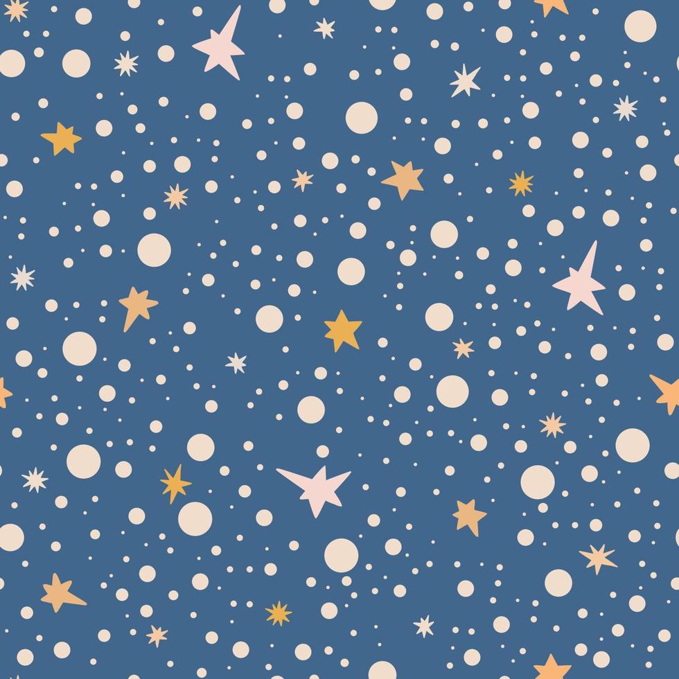 adorável chá de bebê céu estrelado polka dot padrão sem emenda ilustração vetorial, estrelas desenhadas à mão em ordem caótica aleatória, doces sonhos crianças imagem simples engraçada para têxteis, papel de presente vetor