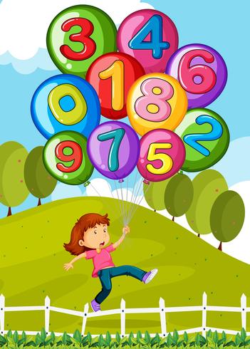 Balões com números e menina no parque vetor