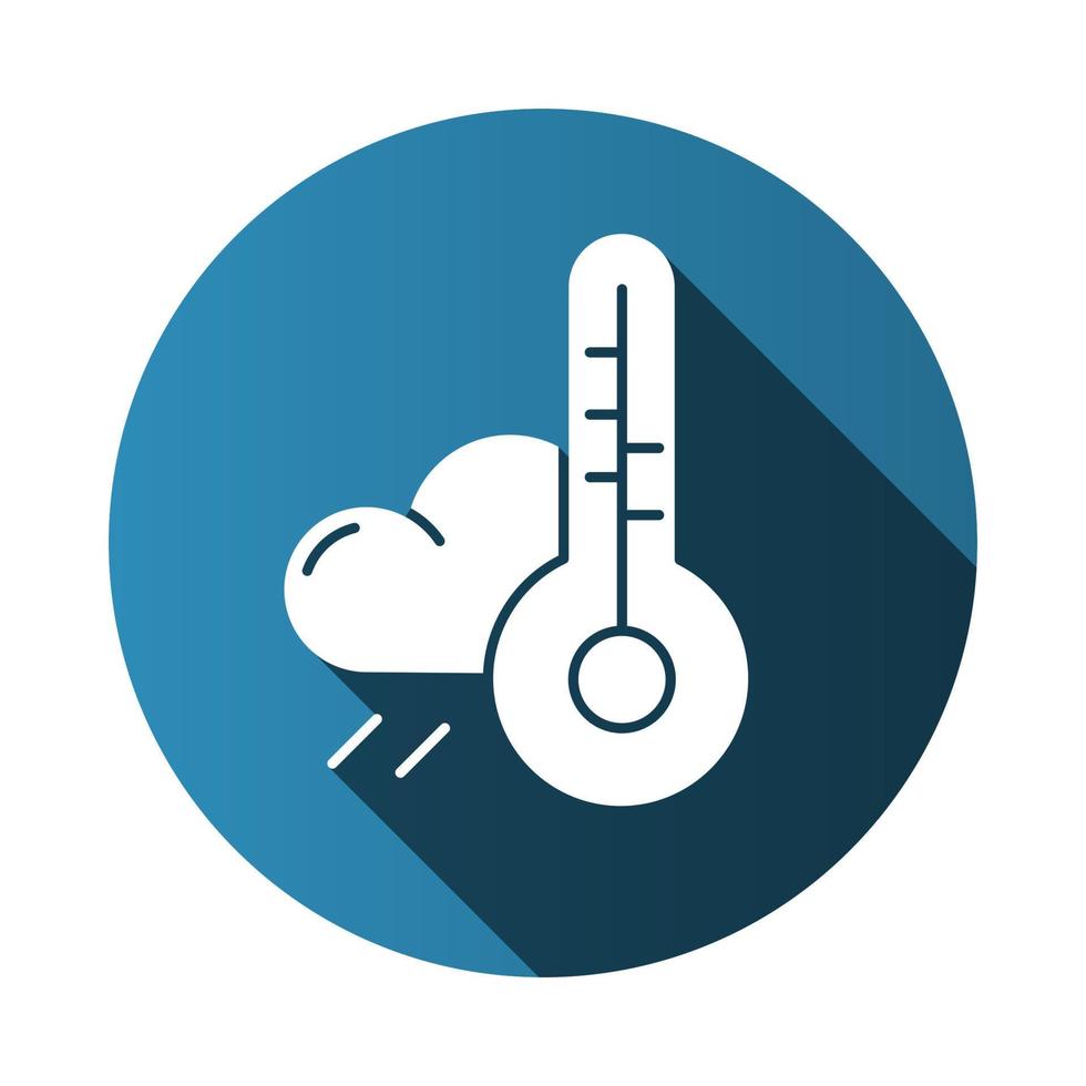 ícone de glifo de sombra longa azul design plano de previsão do tempo. observações meteorológicas. chuva e temperatura do ar. nuvem e termômetro. características climáticas. ilustração em vetor silhueta