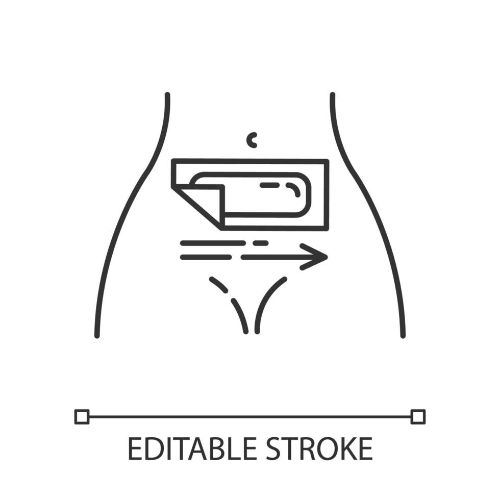 ícone linear de depilação da barriga. procedimento de depilação feminina. depilação com tira de cera natural suave e fria. ilustração de linha fina. símbolo de contorno. desenho de contorno isolado de vetor. traço editável vetor